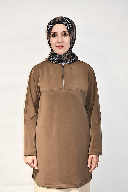 Oysho Kumaş Fermuar Detaylı Kahverengi Tunik