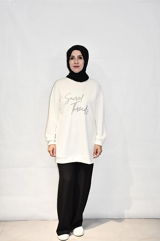 Basic Baskılı Beyaz Tunik