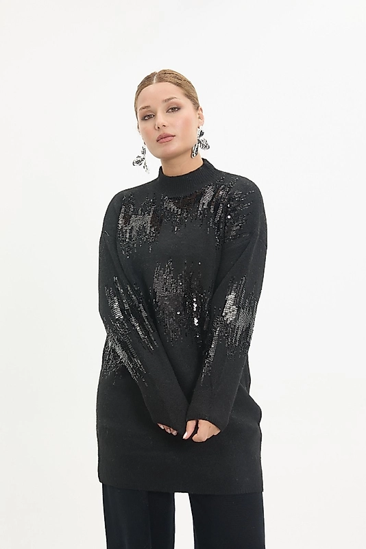 Payetli Siyah Triko Kazak