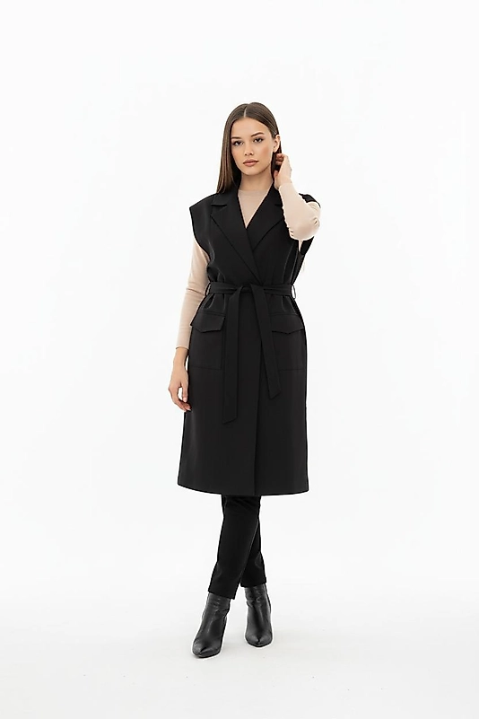 Dıştan Cepli Kuşaklı Uzun Yelek