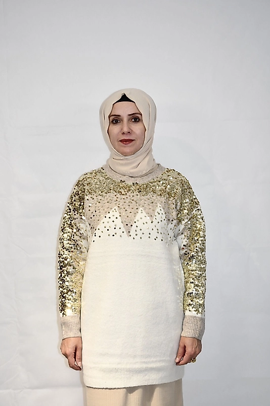 Payetli Ekru Triko Kazak