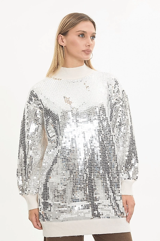 Payetli Ekru Triko Kazak
