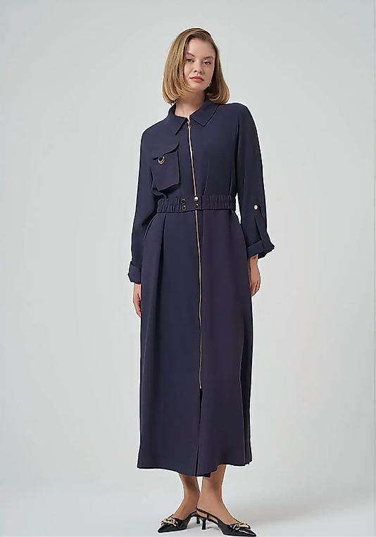 Kemer Detaylı Lacivert Elbise