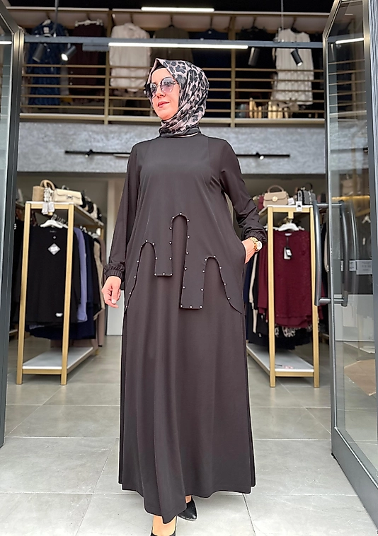 Önü Garnili  Siyah Bari Elbise