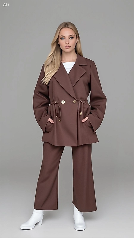 Düğme Detaylı Örme Kupra Kahve Takım