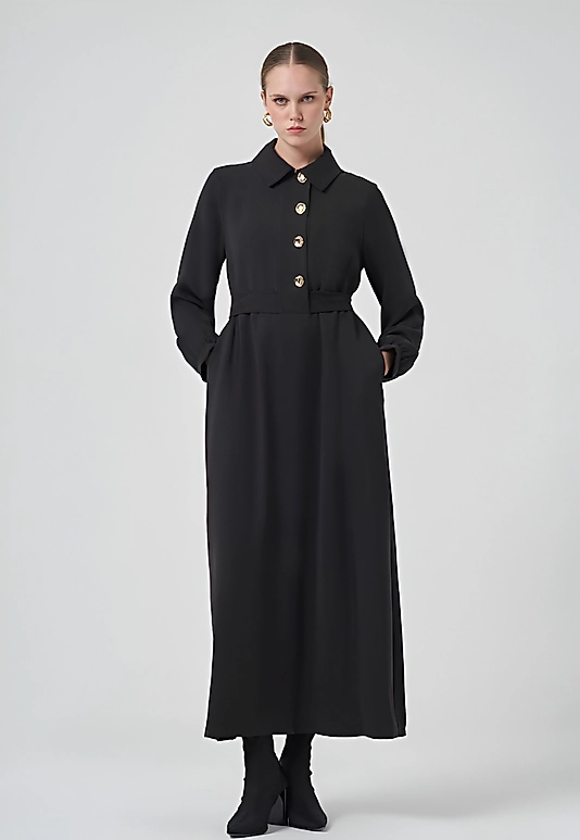 Düğme Detaylı Siyah Elbise