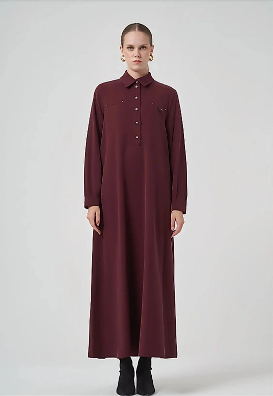 Düğmeli Mürdüm Elbise