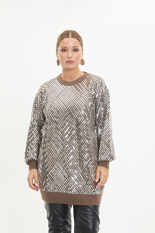 Payetli Kahverengi Triko Kazak