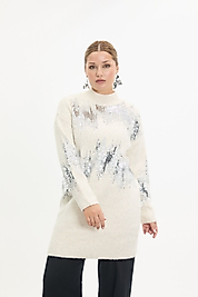 Payetli Ekru Triko Kazak