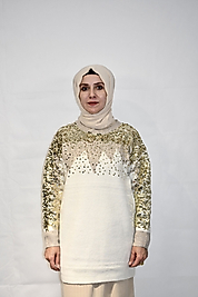 Payetli Ekru Triko Kazak